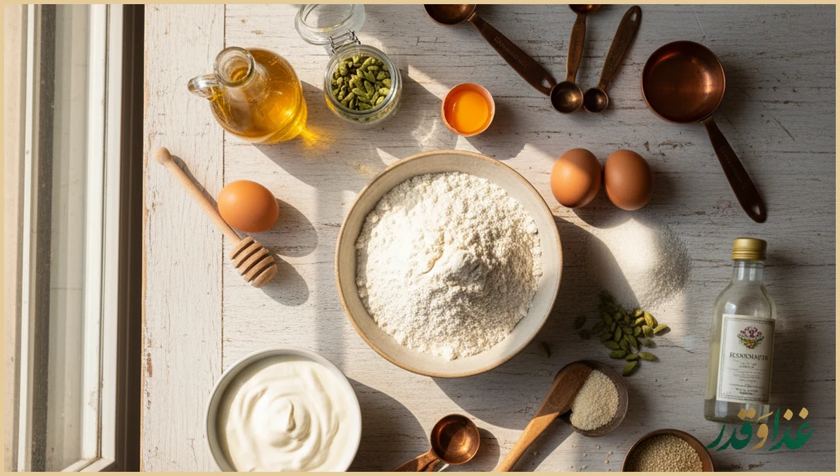 مواد اولیه کیک یزدی روی میز