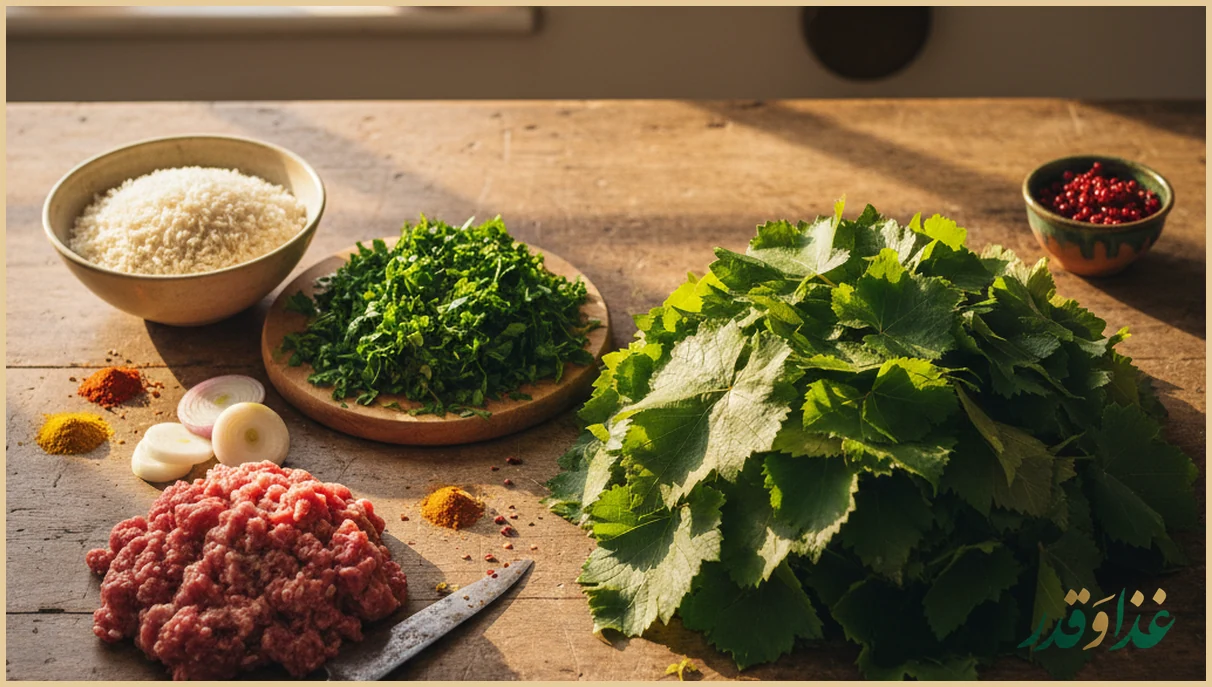 مواد اولیه دلمه روی میز