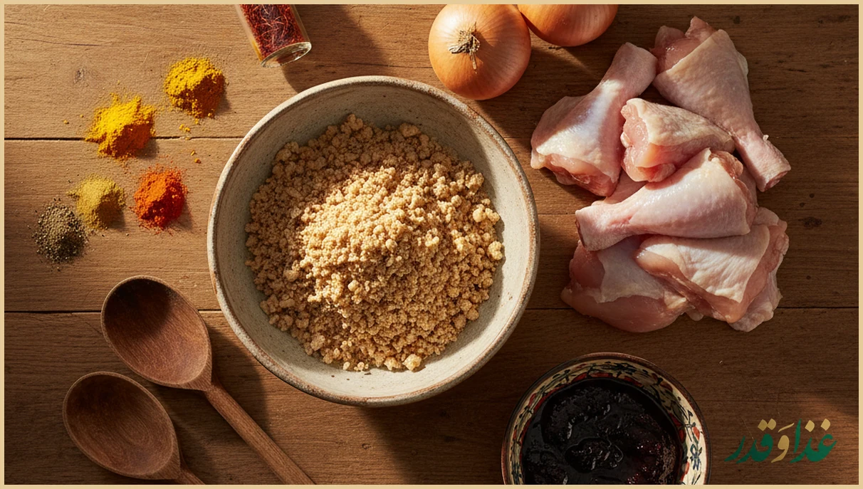 مواد اولیه فسنجون روی میز