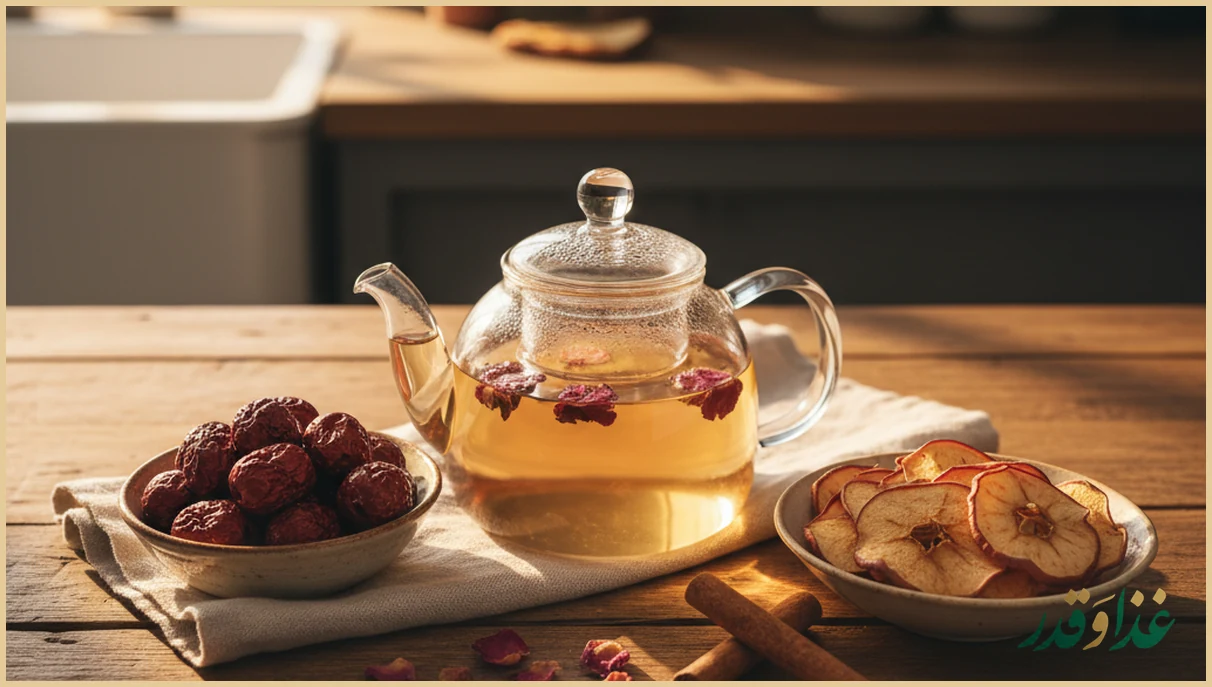 عناب خشک و مواد دمنوش روی میز