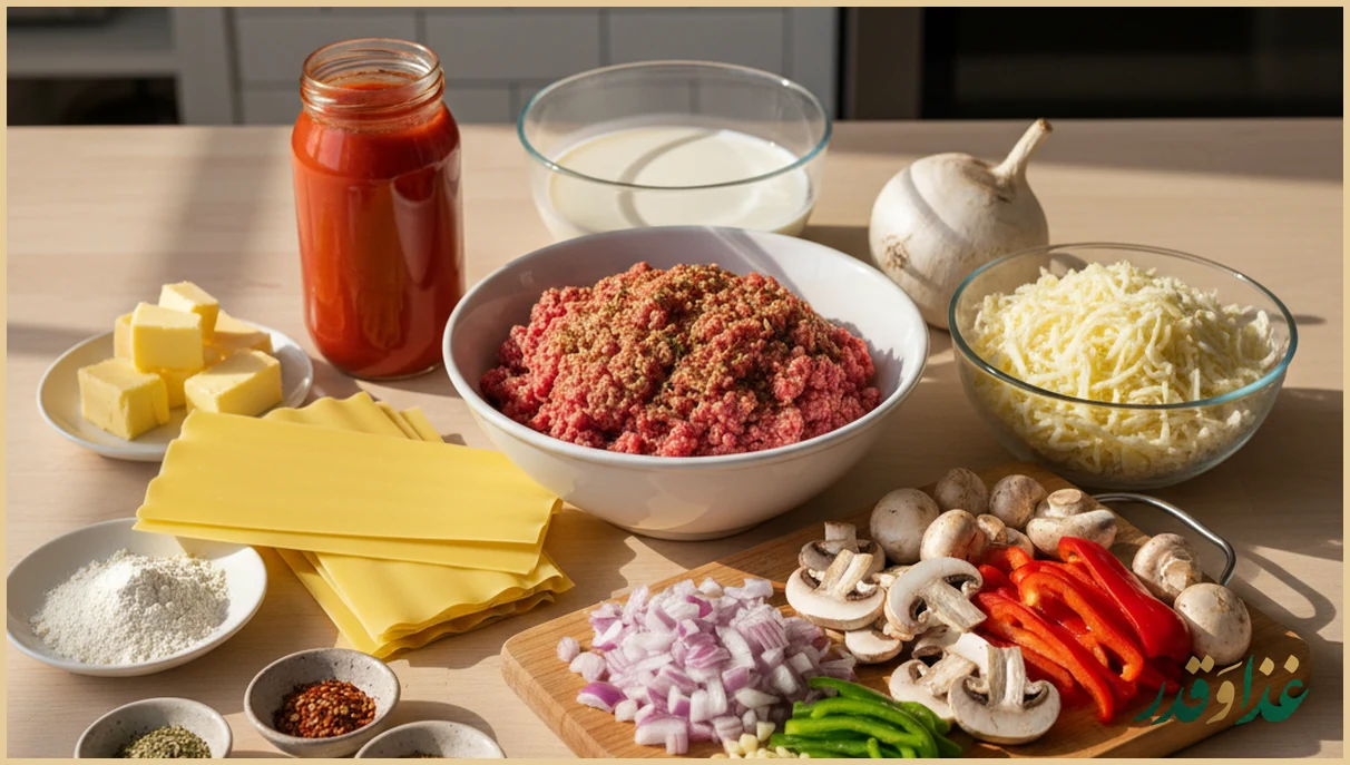 مواد اولیه لازانیا روی میز