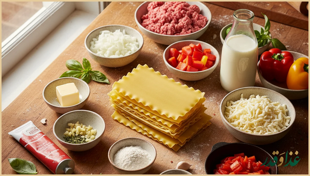 مواد اولیه لازانیا روی میز آشپزخانه