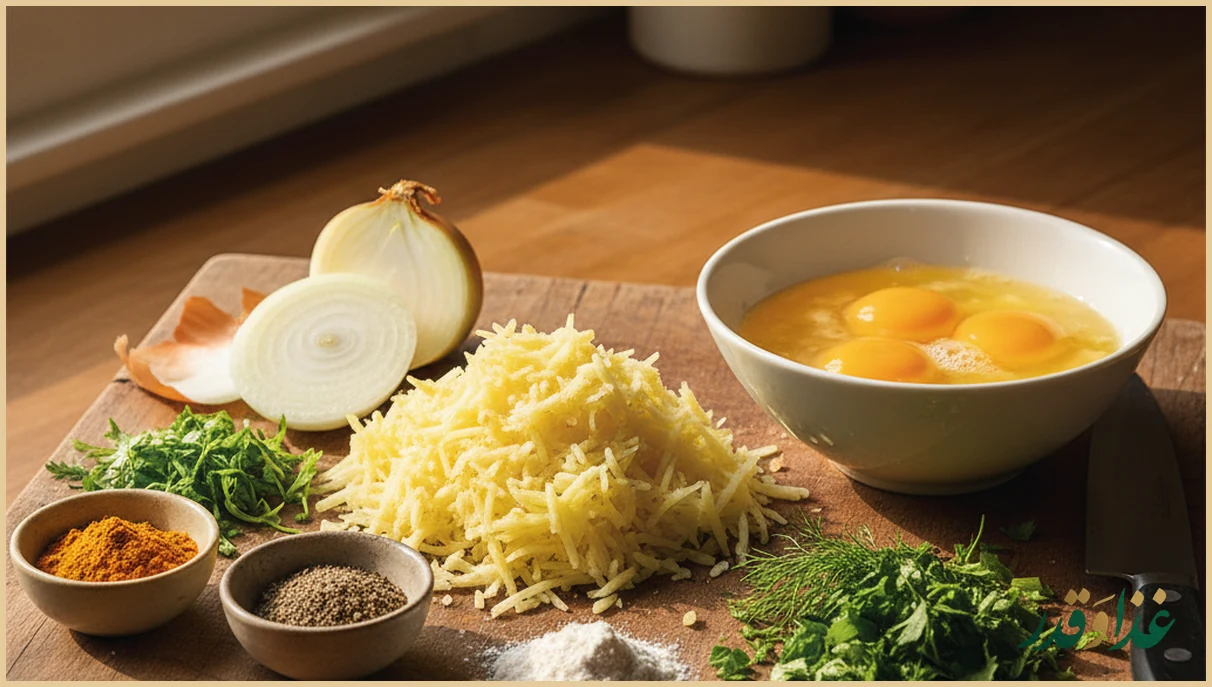 مواد کوکوی سیب زمینی روی میز