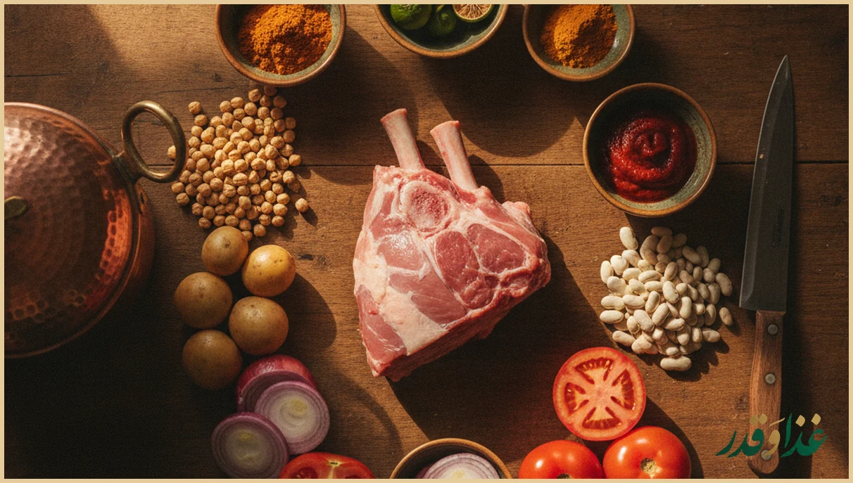 مواد اولیه آبگوشت روی میز