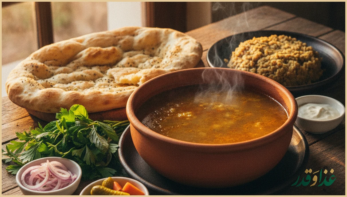 سرو آبگوشت با نان و مخلفات