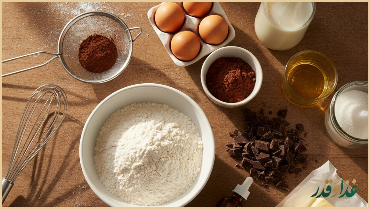 مواد اولیه کیک شکلاتی روی میز آشپزخانه