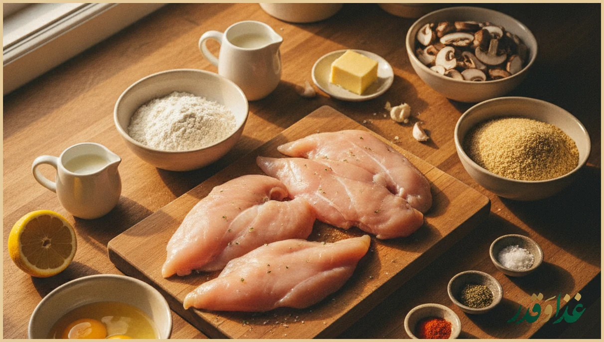 مواد شنیسل مرغ روی میز آشپزخانه