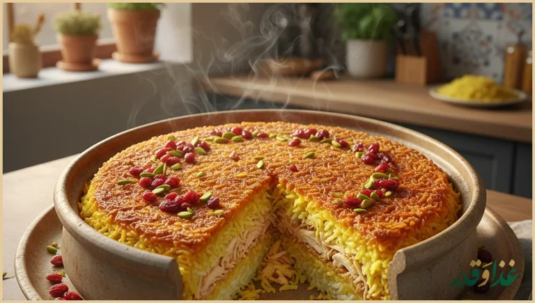 ته چین مرغ طلایی در قابلمه