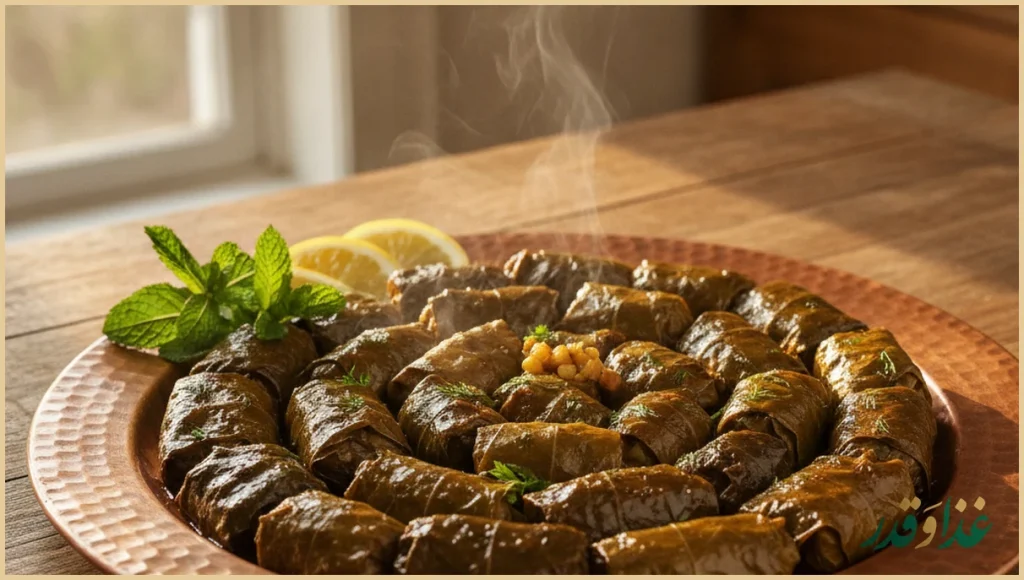 دلمه برگ مو در بشقاب مسی
