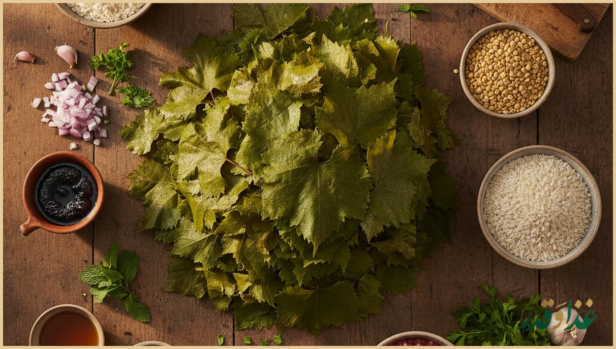 مواد اولیه دلمه روی میز