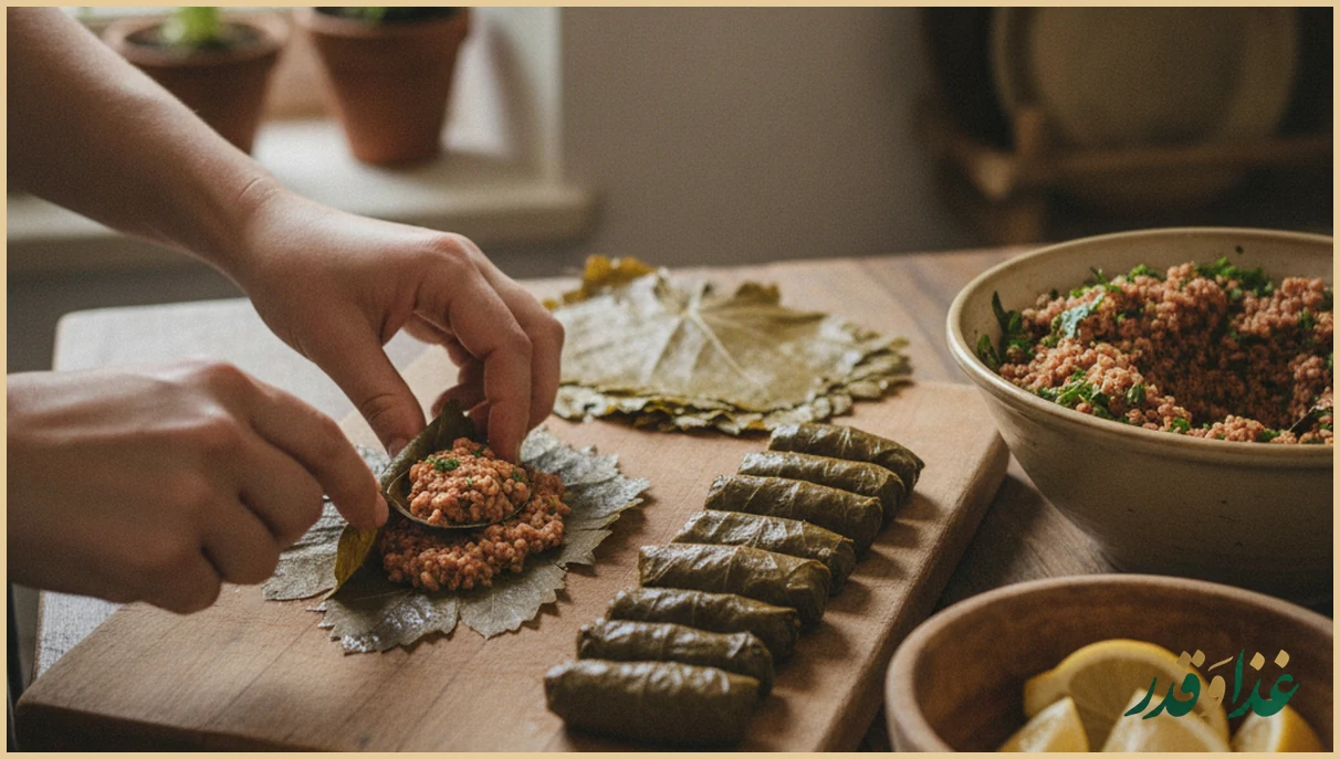 پیچیدن دلمه برگ مو روی تخته