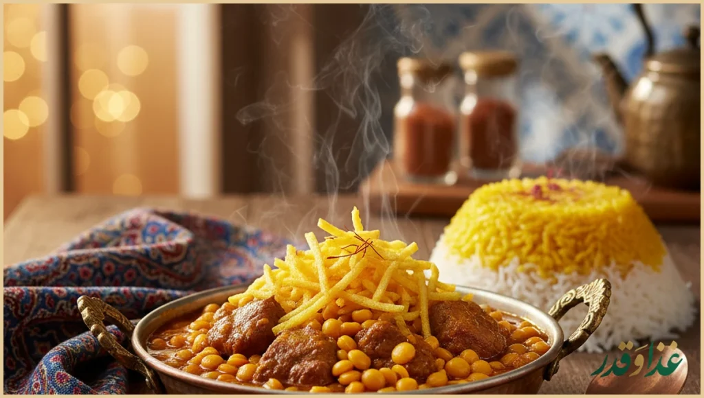 خورشت قیمه جاافتاده کنار برنج زعفرانی