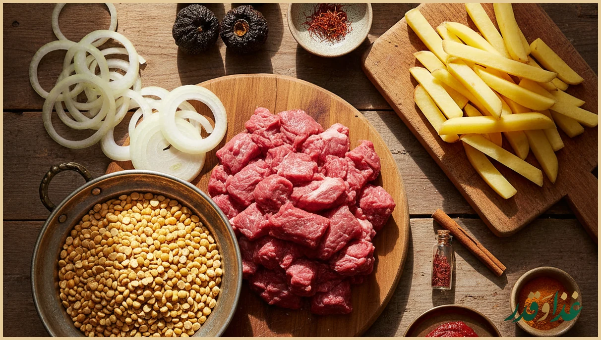 مواد اولیه قیمه روی میز آشپزخانه