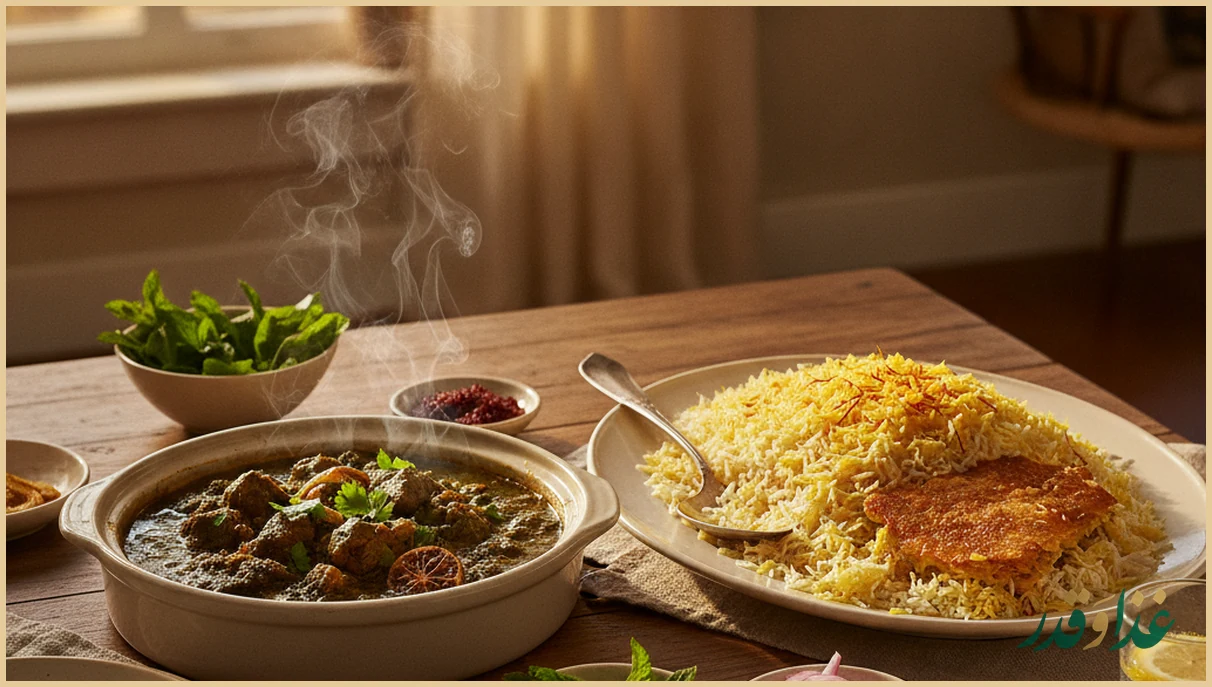 سرو قورمه سبزی با برنج و ته دیگ