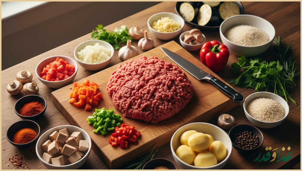 مواد اولیه گوشت چرخ کرده و سبزیجات