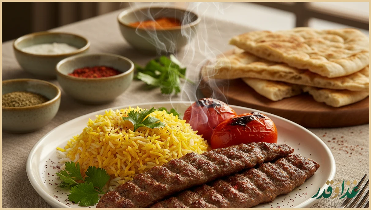سرو کباب تابه‌ای با برنج و گوجه