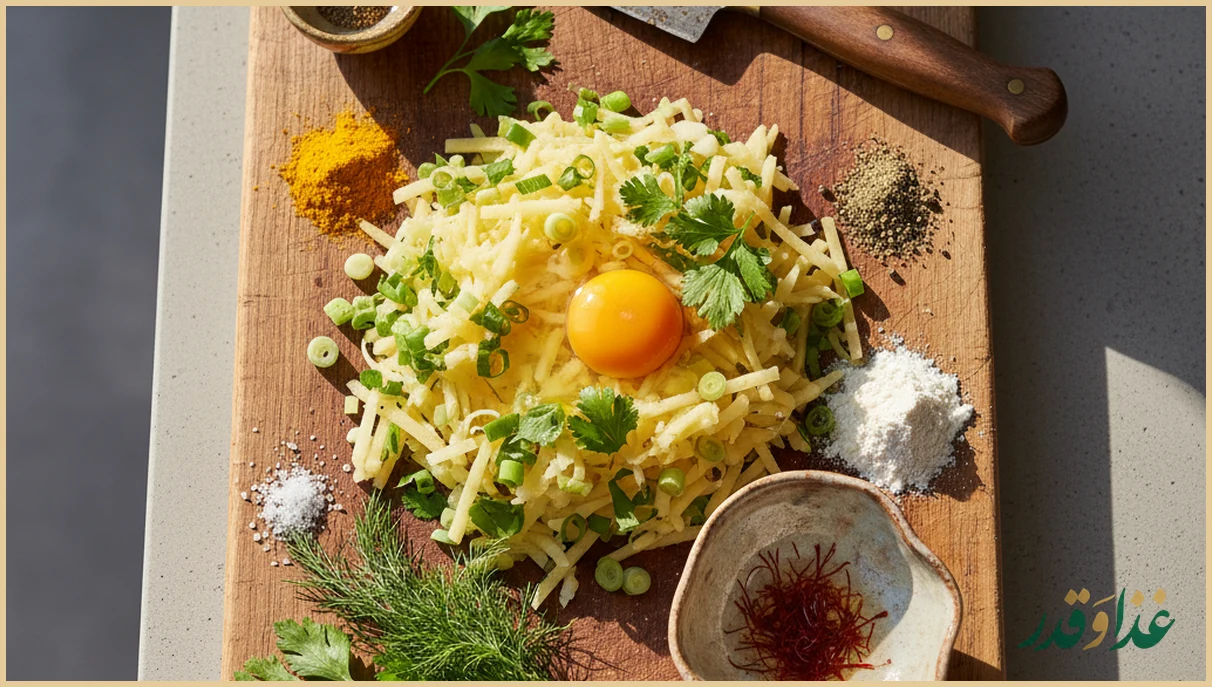 مواد اولیه کوکو روی میز آشپزخانه