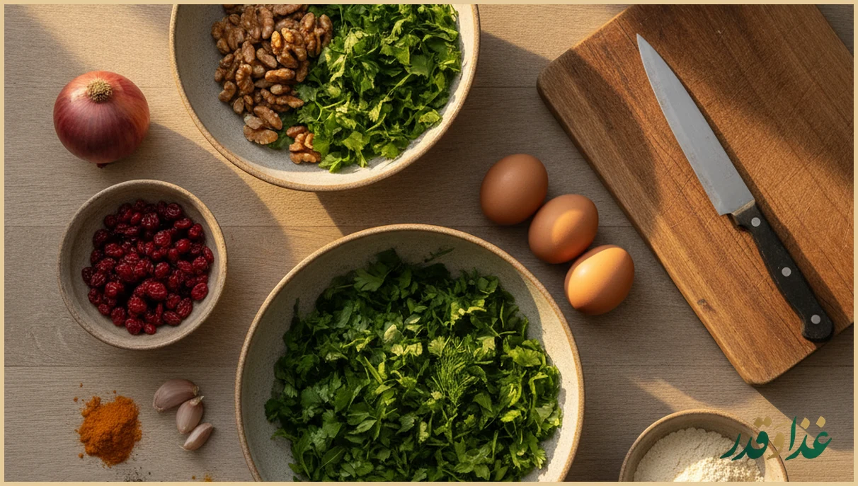 مواد کوکو سبزی روی میز