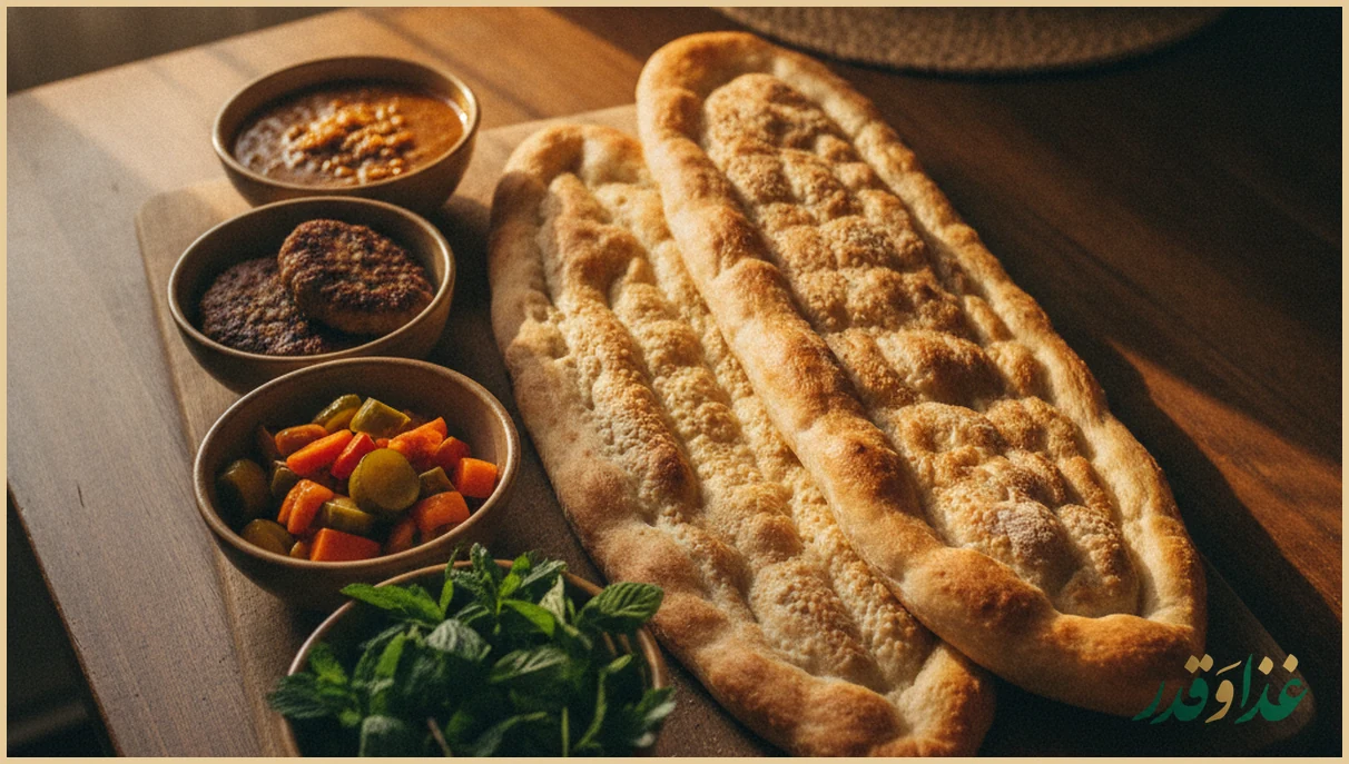 نان سنگک و بربری کنار خوراک شام
