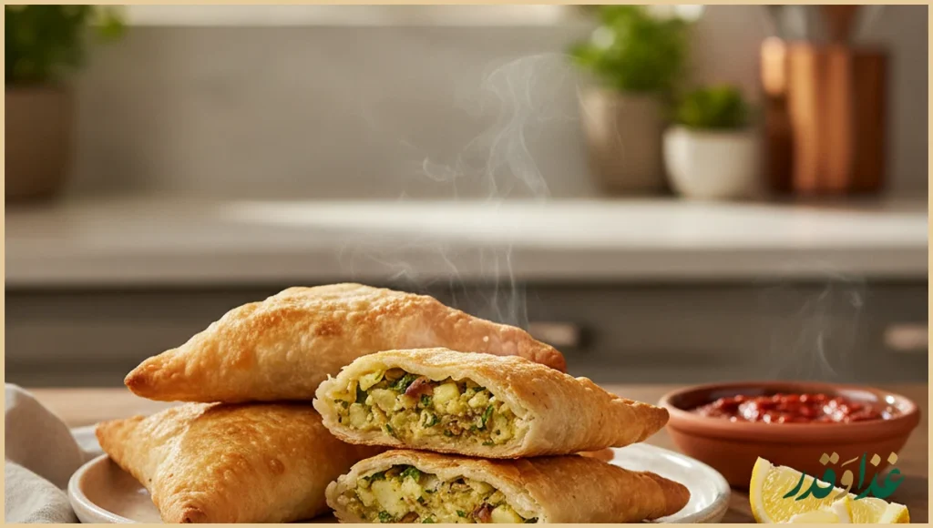 سمبوسه سیبزمینی طلایی در بشقاب
