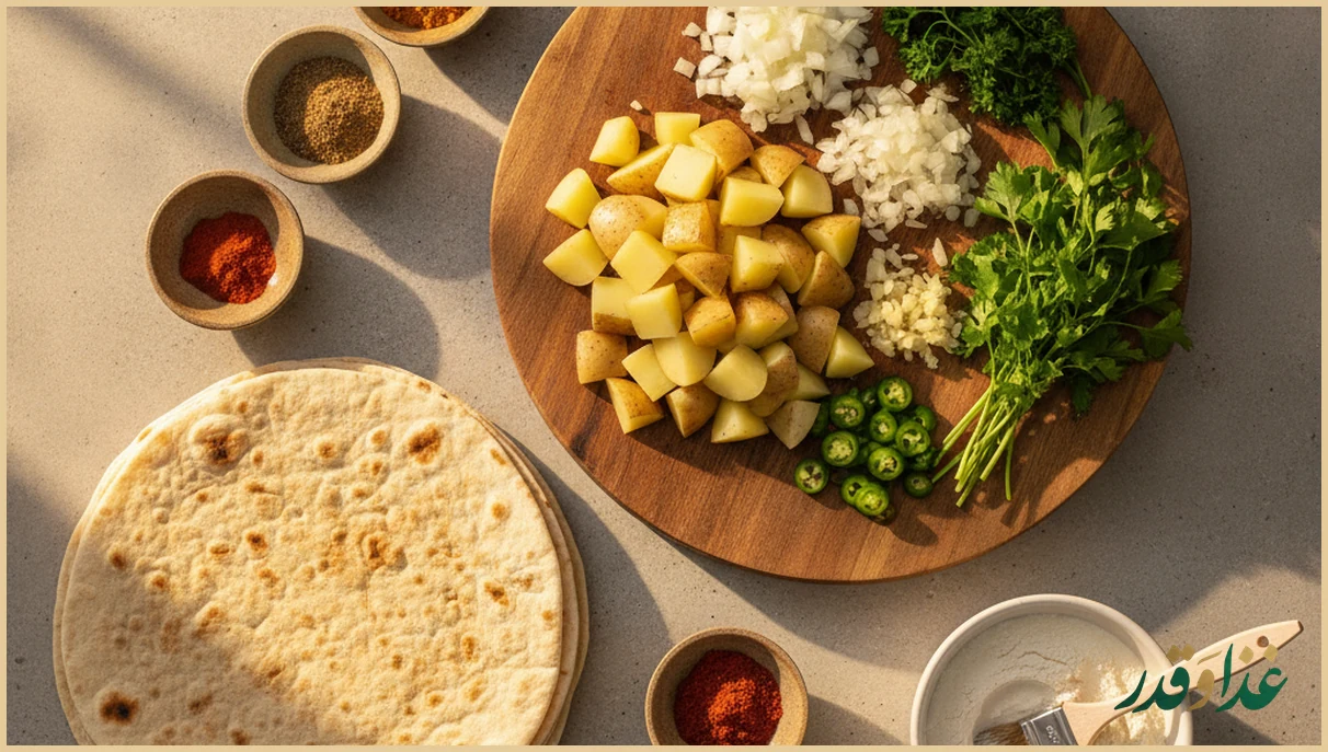 مواد سمبوسه روی میز آشپزخانه