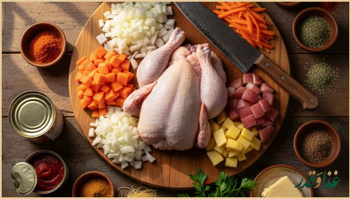 مواد اولیه سوپ روی میز آشپزخانه