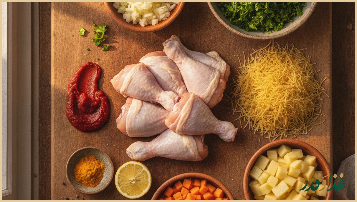 مواد اولیه سوپ روی میز آشپزخانه