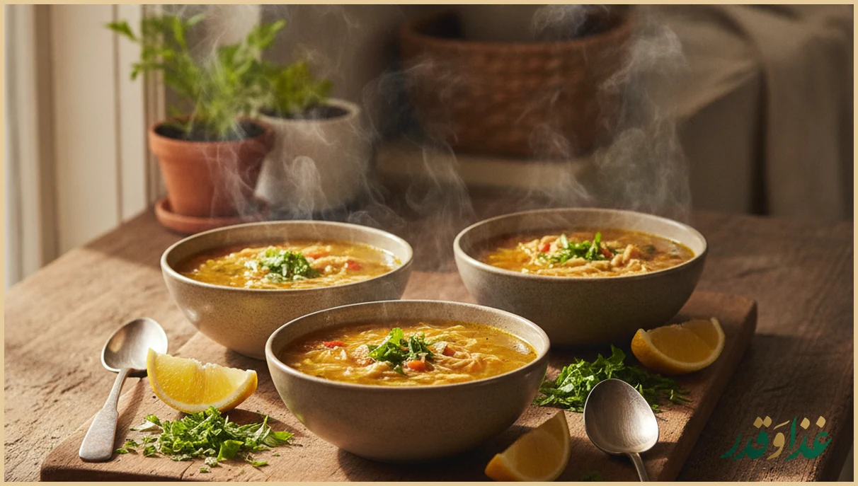 سرو سوپ ورمیشل با لیمو و جعفری